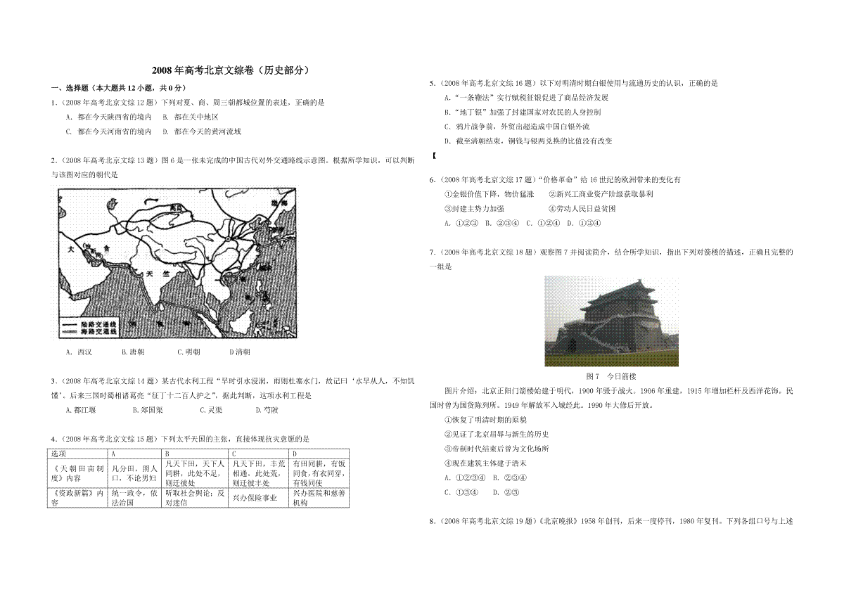 2008年北京高考历史试卷（原卷版））