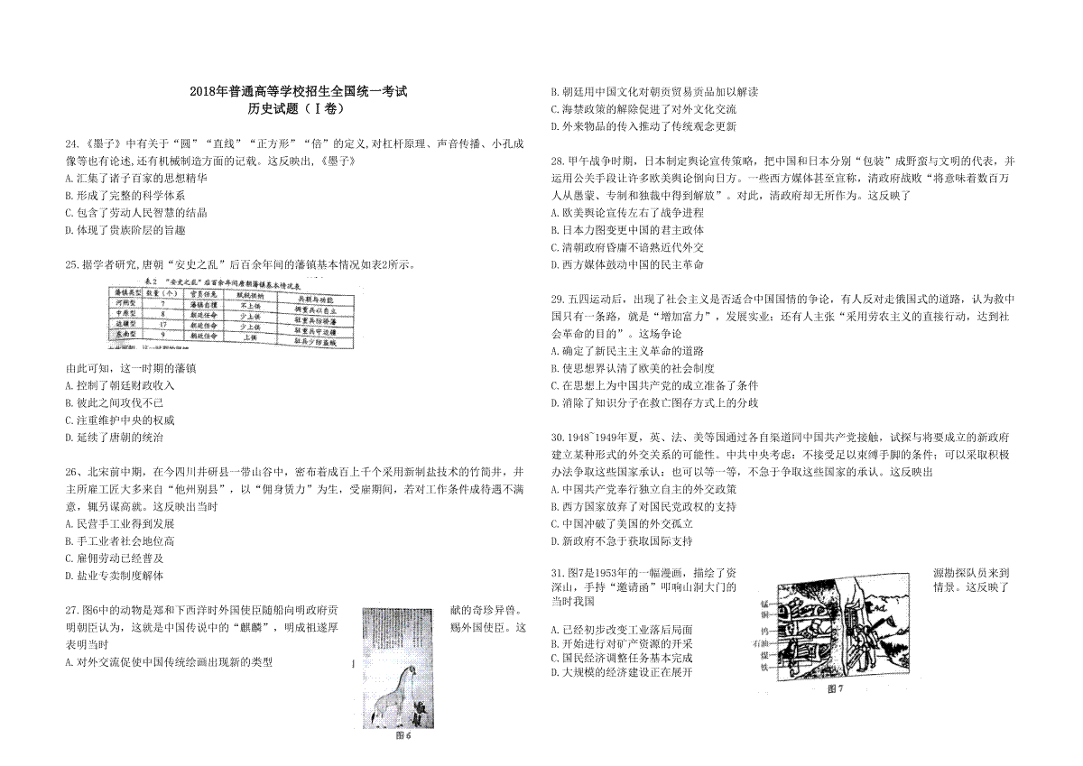 2018年广东高考历史试题及答案