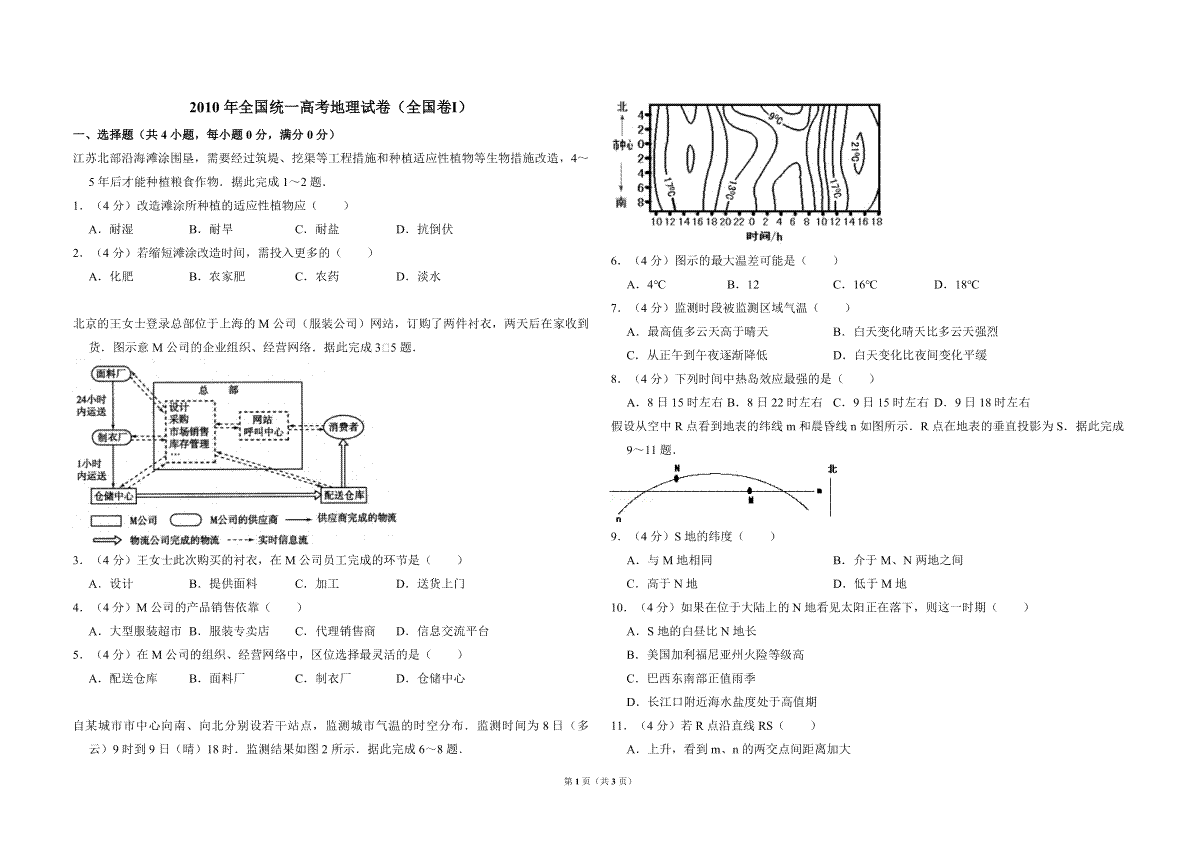 2010年全国统一高考地理试卷（全国卷ⅰ）（原卷版）