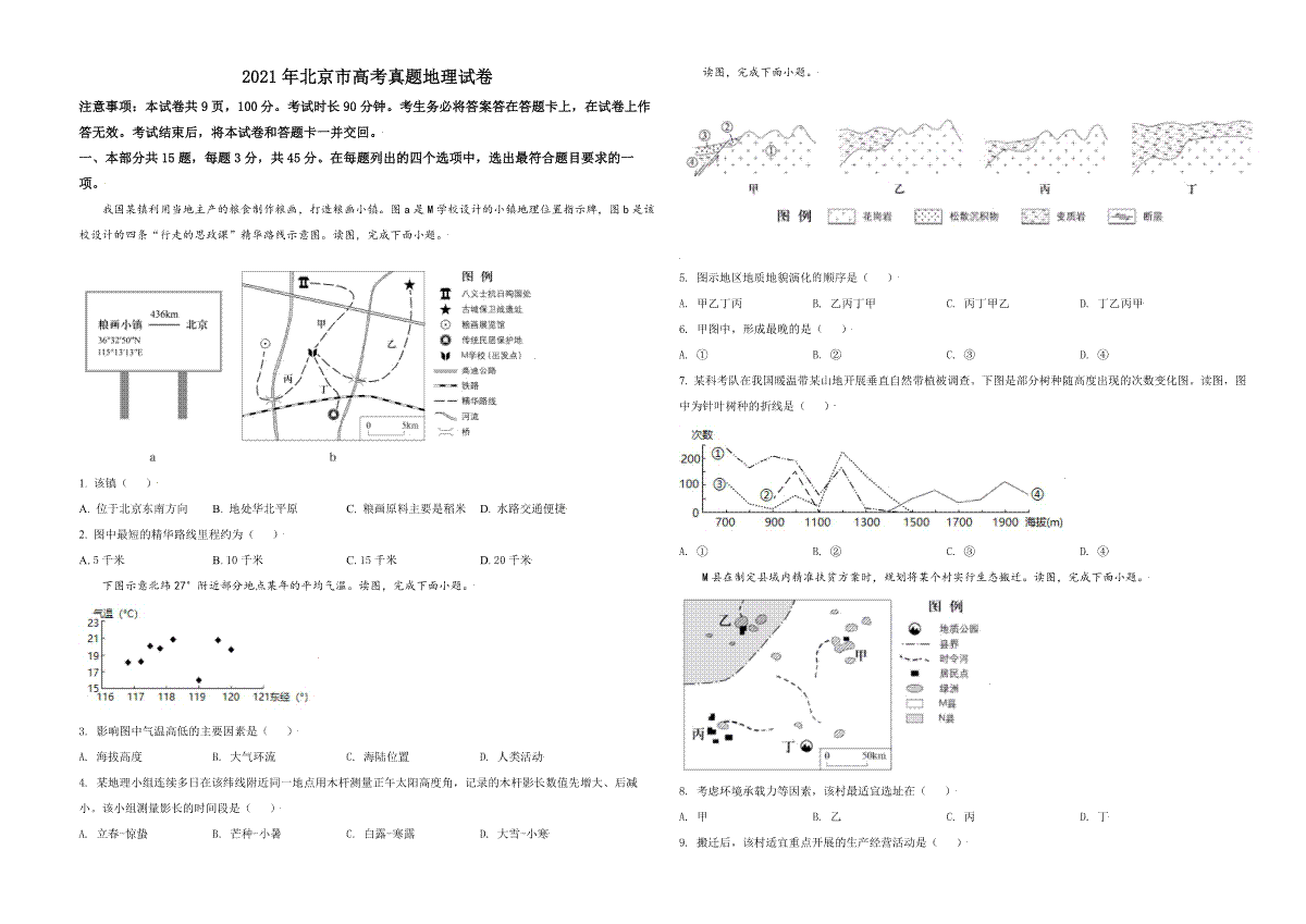 2021年北京市高考地理试卷（原卷版）