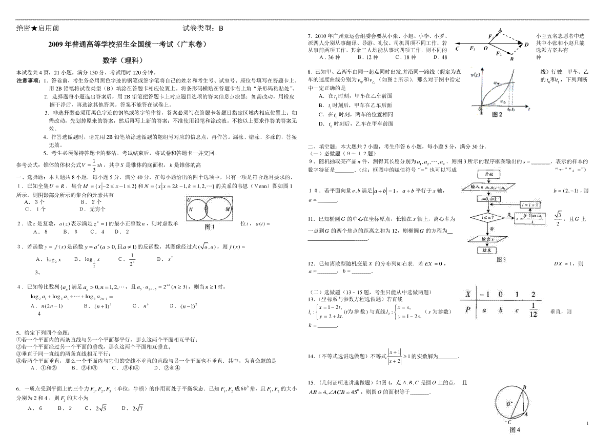 2009年广东高考（理科）数学（原卷版）