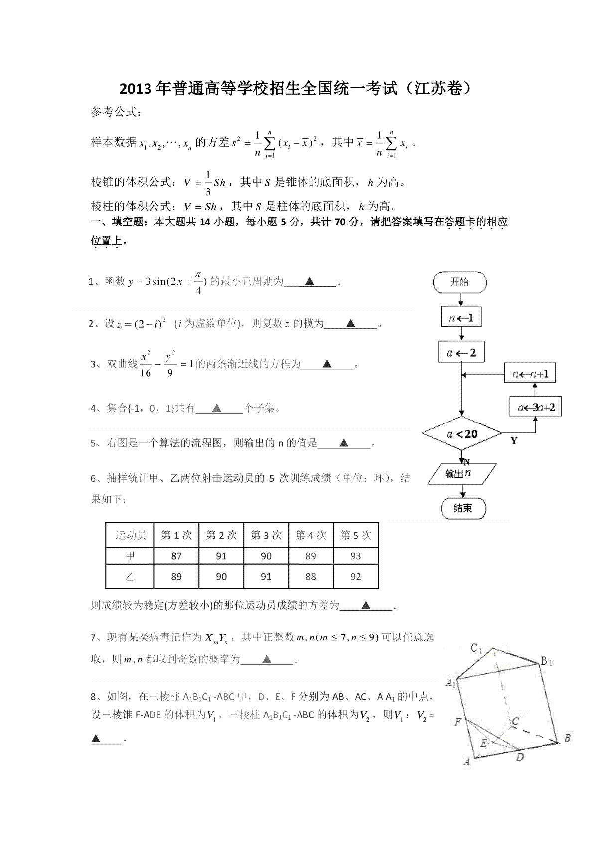 2013年江苏高考数学试题及答案