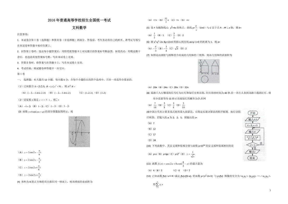 2016年海南省高考数学试题及答案（文科）