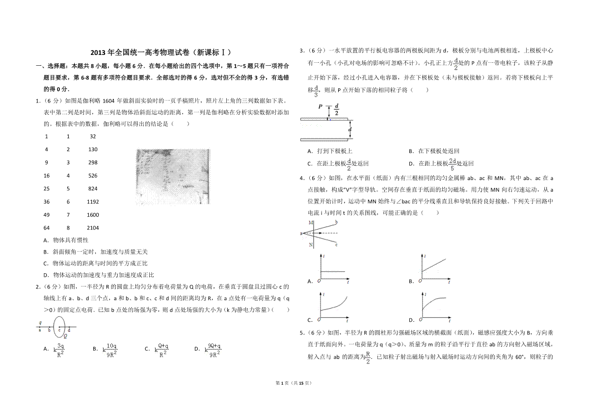 2013年全国统一高考物理试卷（新课标ⅰ）（含解析版）