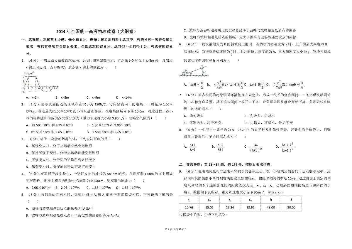 2014年全国统一高考物理试卷（大纲卷）（含解析版）
