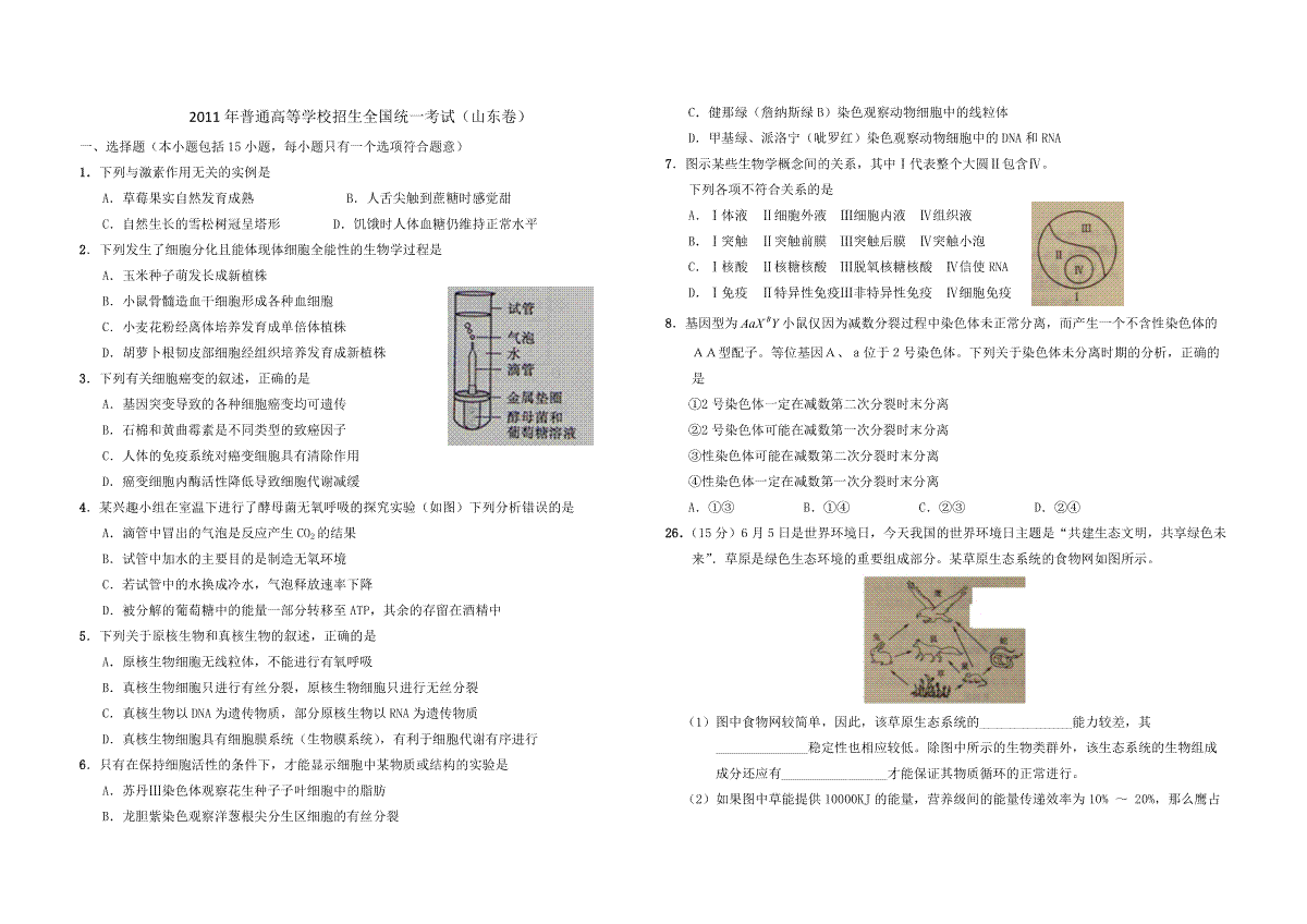 2011年高考真题 生物(山东卷)（含解析版）