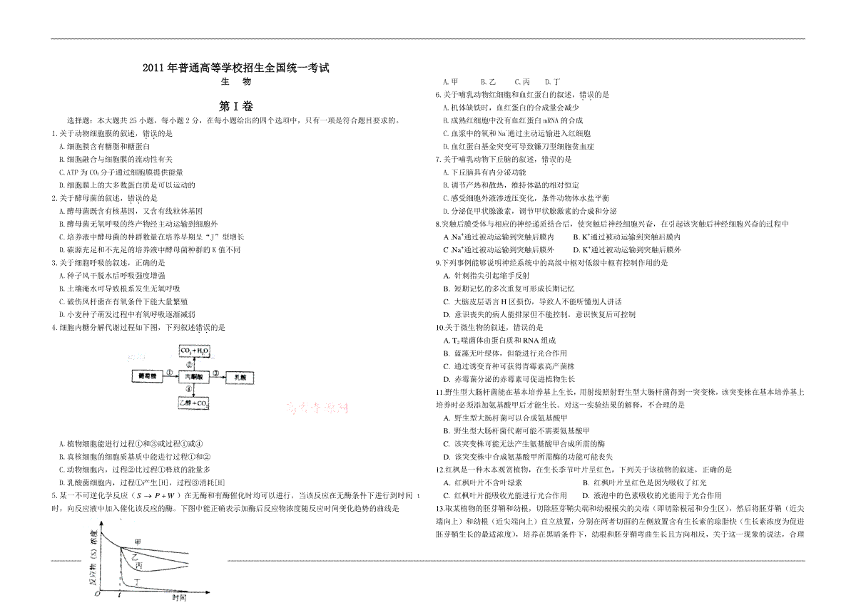2011年高考海南卷生物试题及答案
