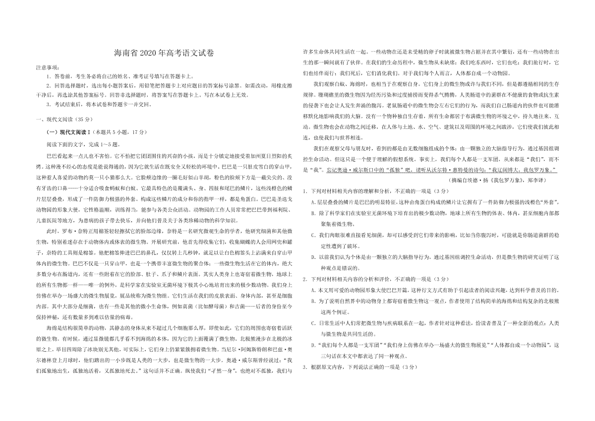 2020年海南高考语文（原卷版）