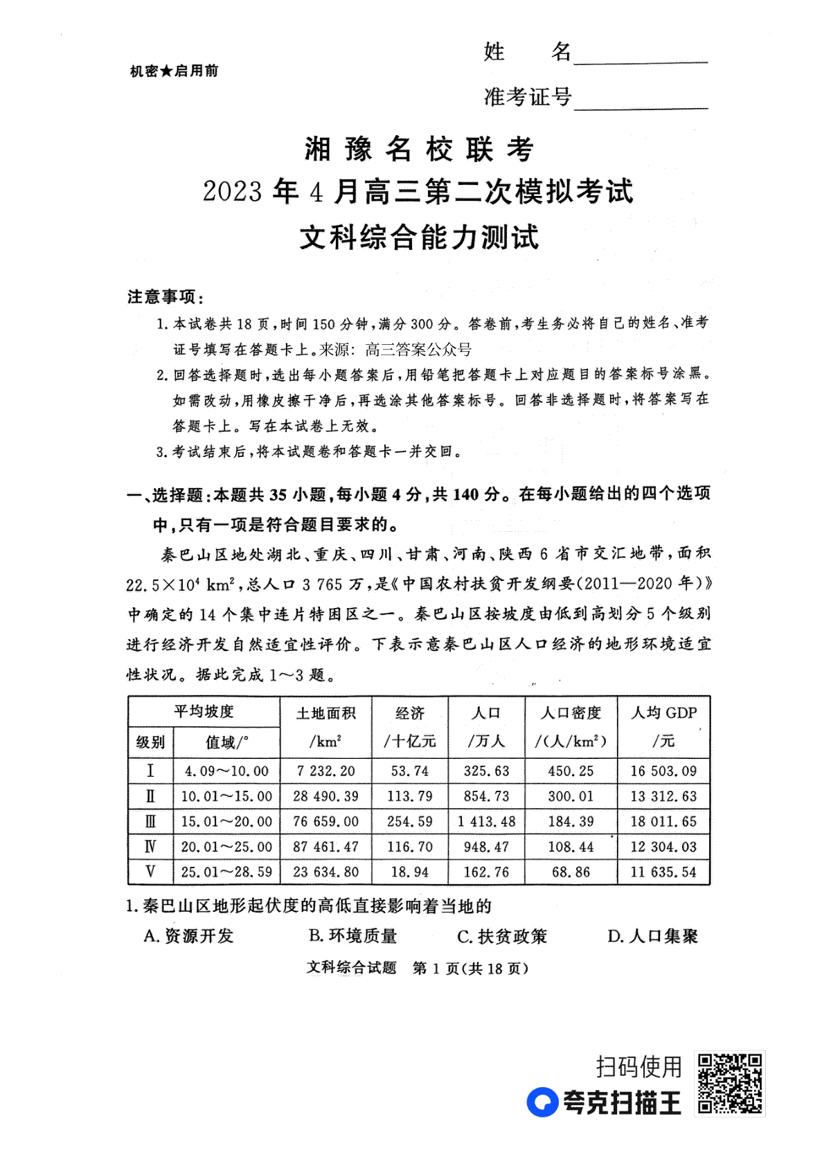 2023届湘豫名校联考高三下学期第二次模拟考试（4月）文综试题