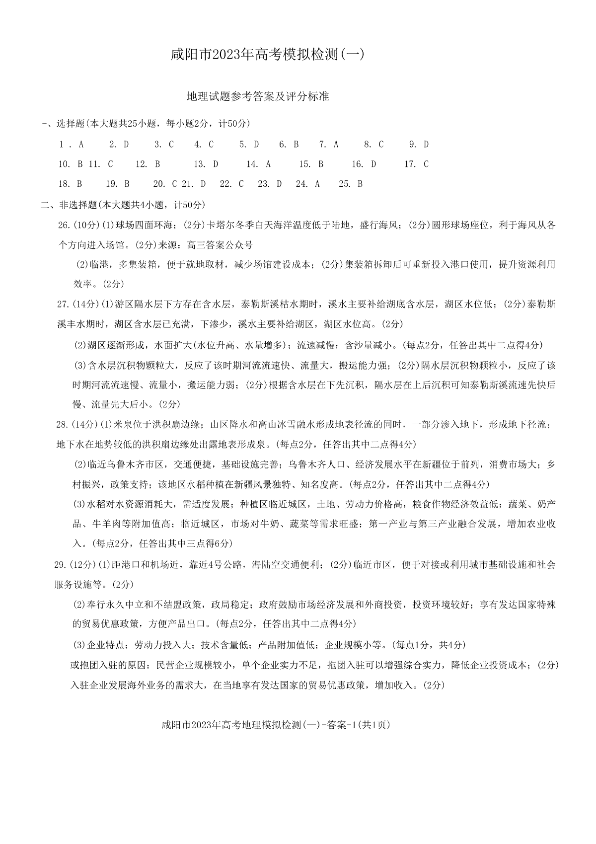 2023咸阳高三年级一模考试地理答案