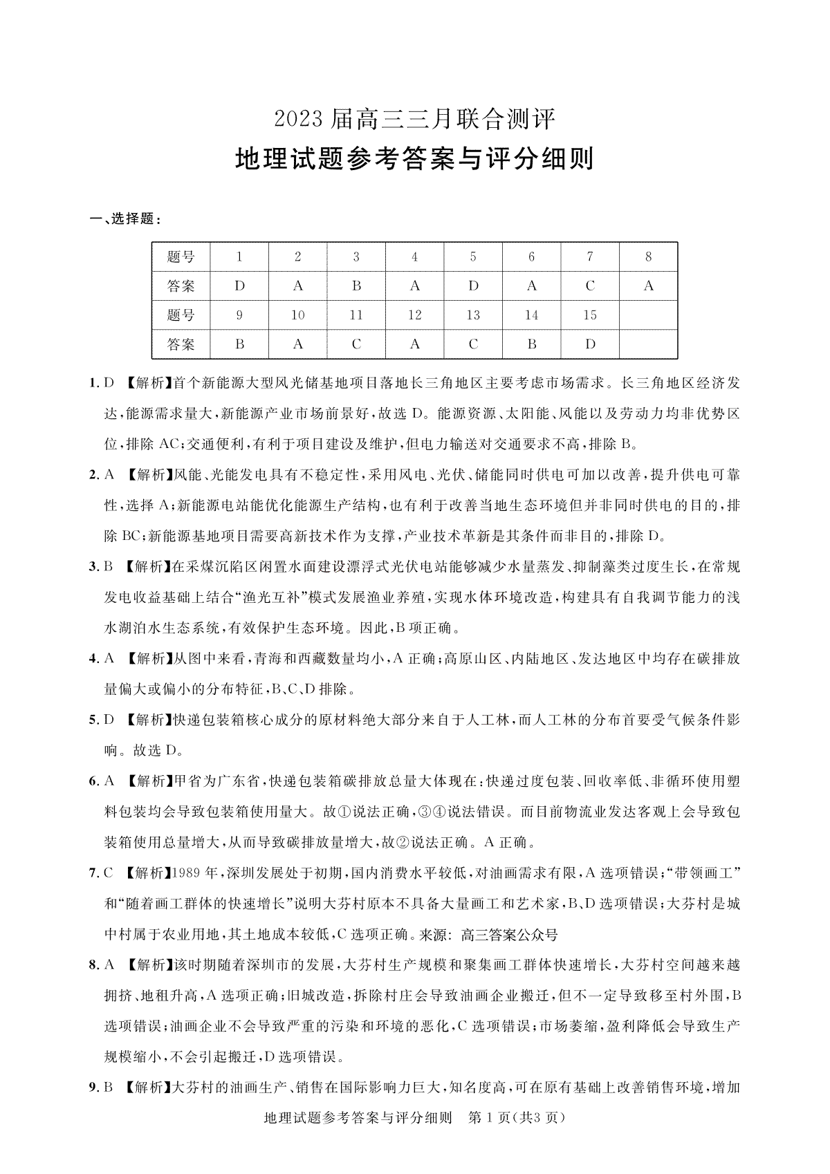 2023届高三三月联合测评-地理答案