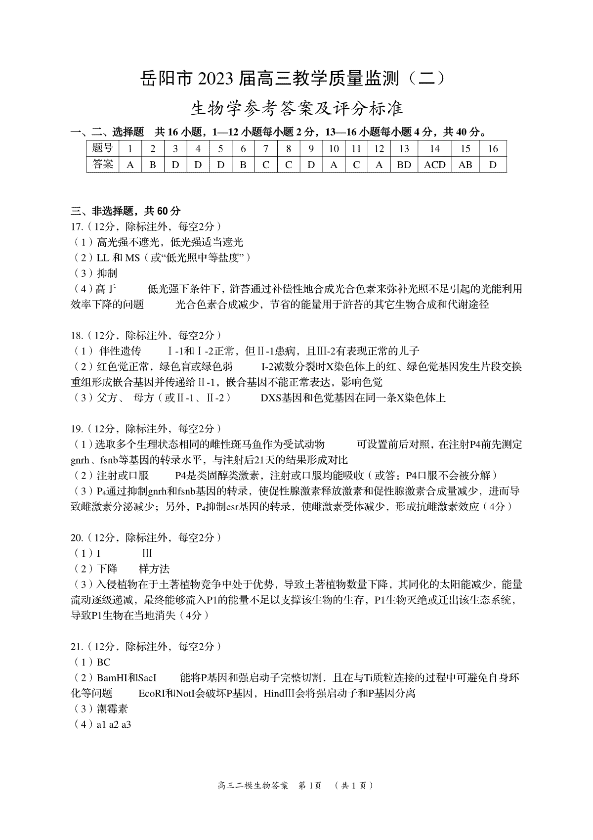 湖南省岳阳市2023 届高三教学质量监测（二）-岳阳二模高三生物答案