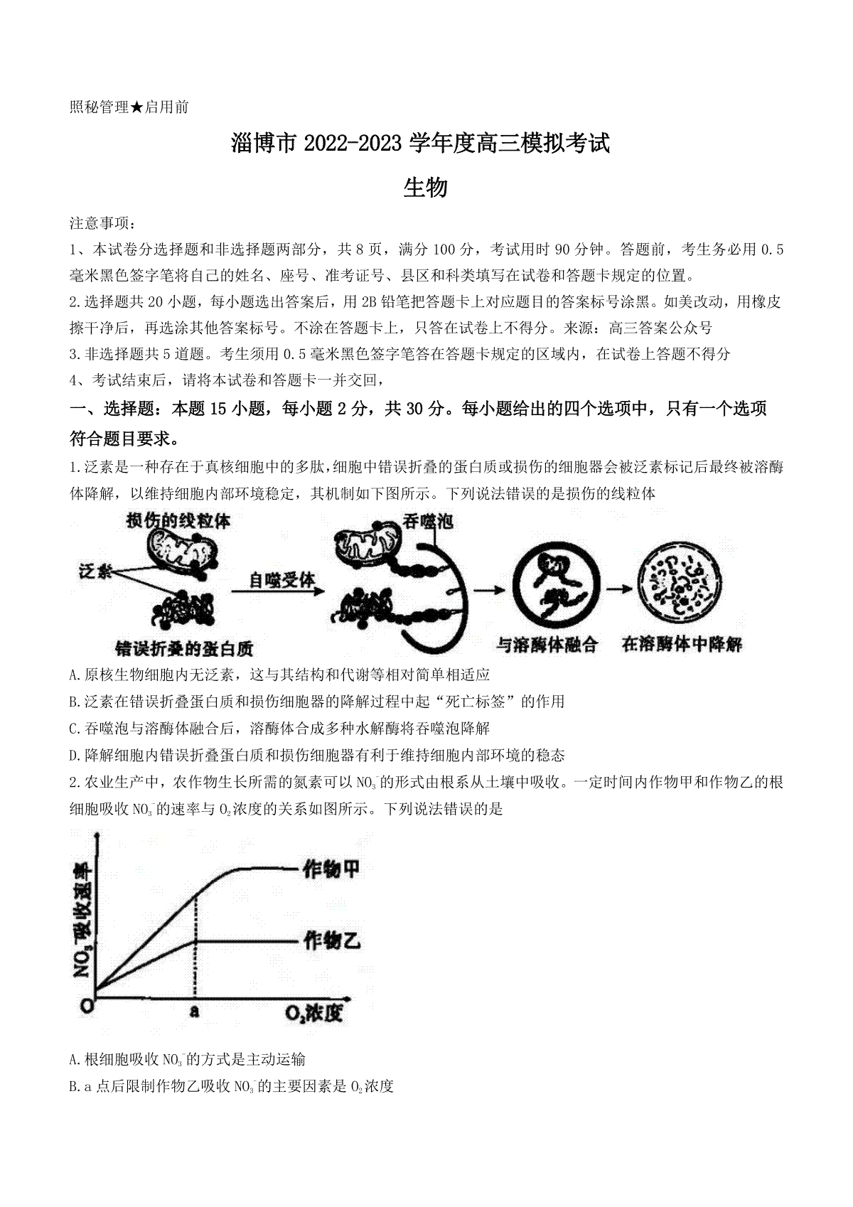 2023届山东省淄博市高三一模生物试题（有答案）