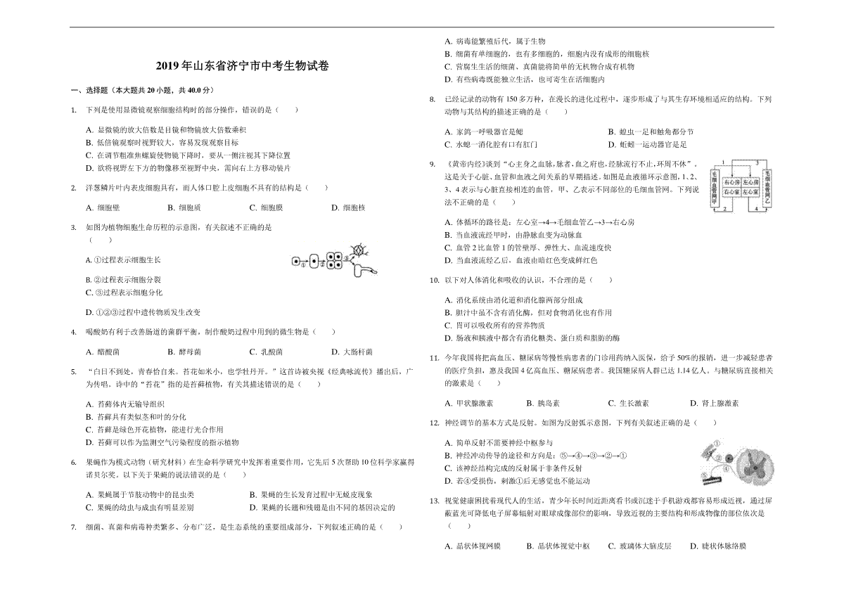 2019年山东省济宁市中考生物试题（Word版，含解析）