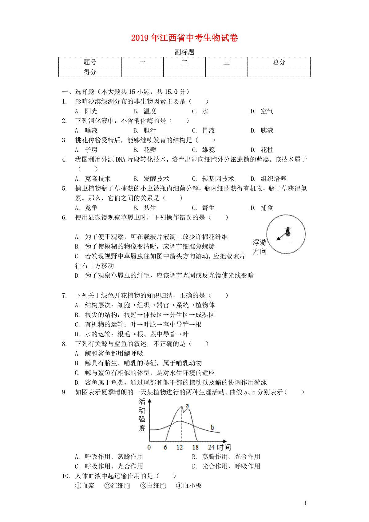 江西省2019年中考生物真题试题（含解析）