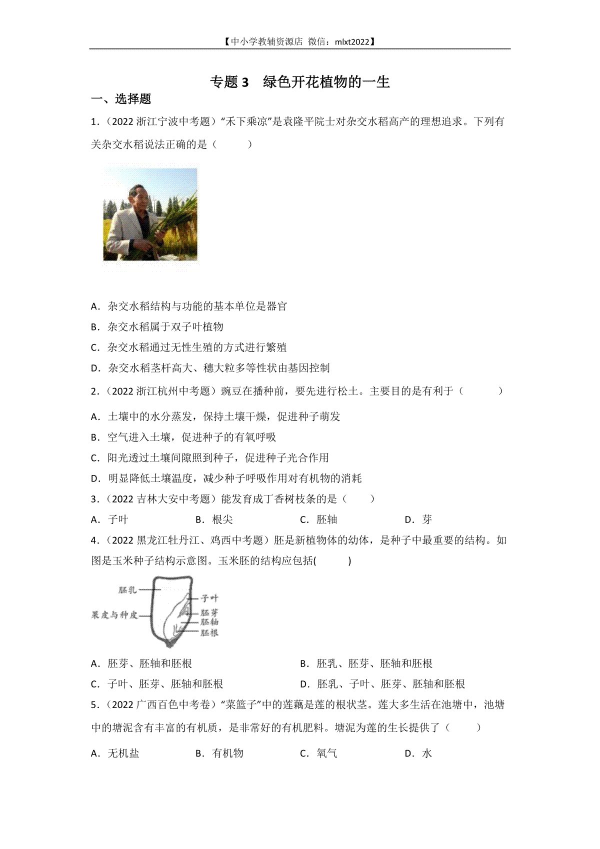 专题03 绿色开花植物的一生-2022年中考生物真题分项汇编（全国通用）（第3期）（原卷版）