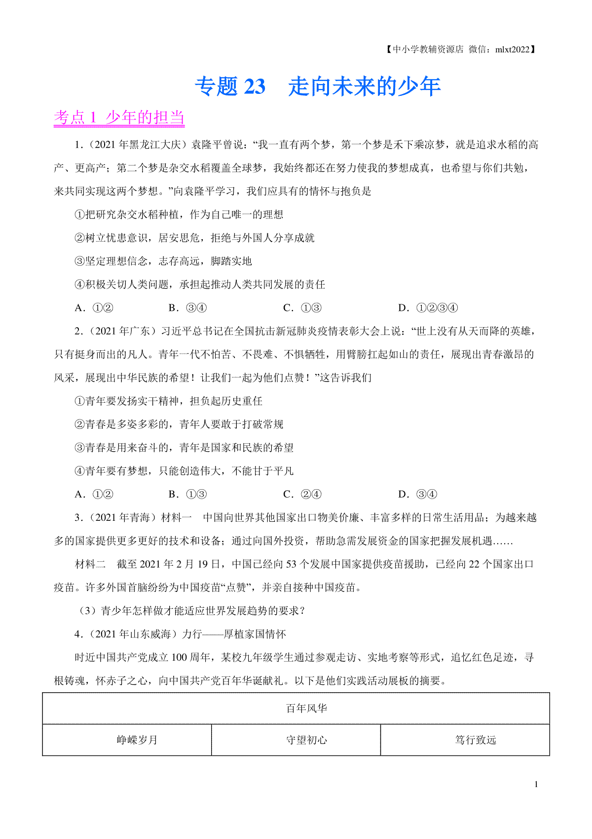 专题23  走向未来的少年（第01期）-2021中考道德与法治真题分项汇编（全国通用）（原卷版）