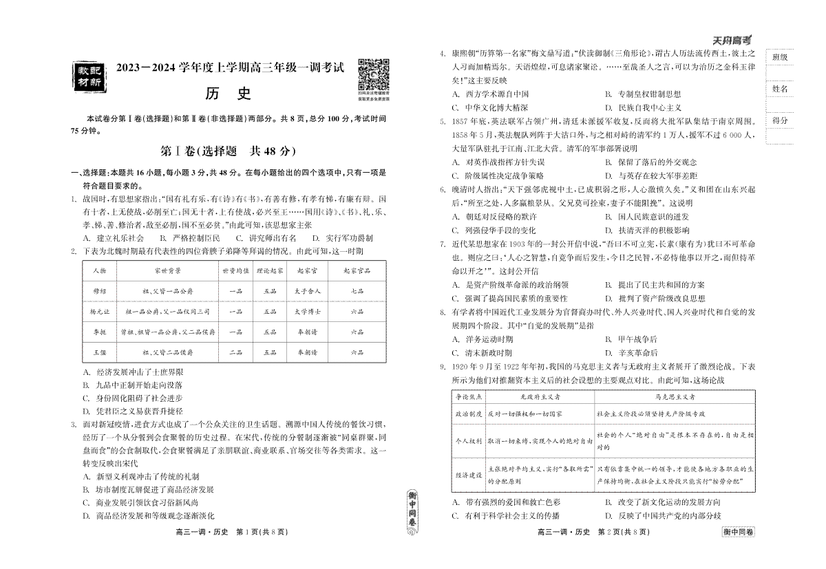 衡中同卷2023-2024学年度上学期高三年级一调考试 历史