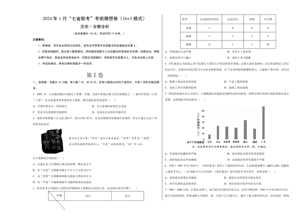 2024年1月“七省联考”考前猜想卷历史02（16+3 模式）（考试版A3）