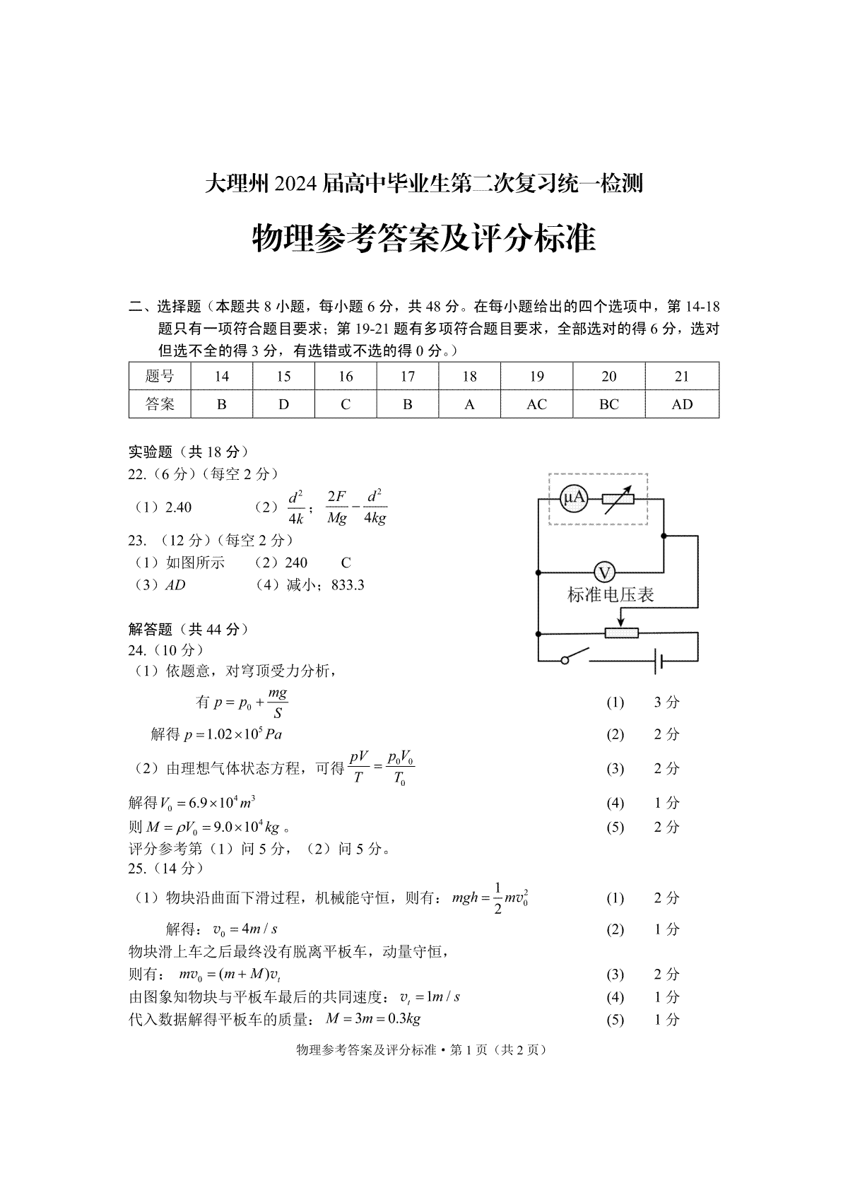 2024届云南省大理白族自治州高三第二次复习统一检测理科综合答案