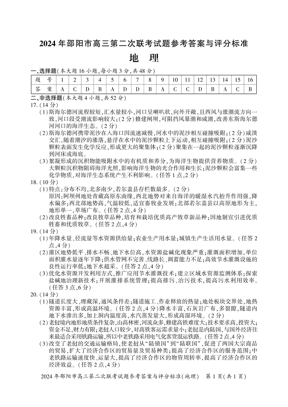 2024届湖南省邵阳市高三二联地理 答案