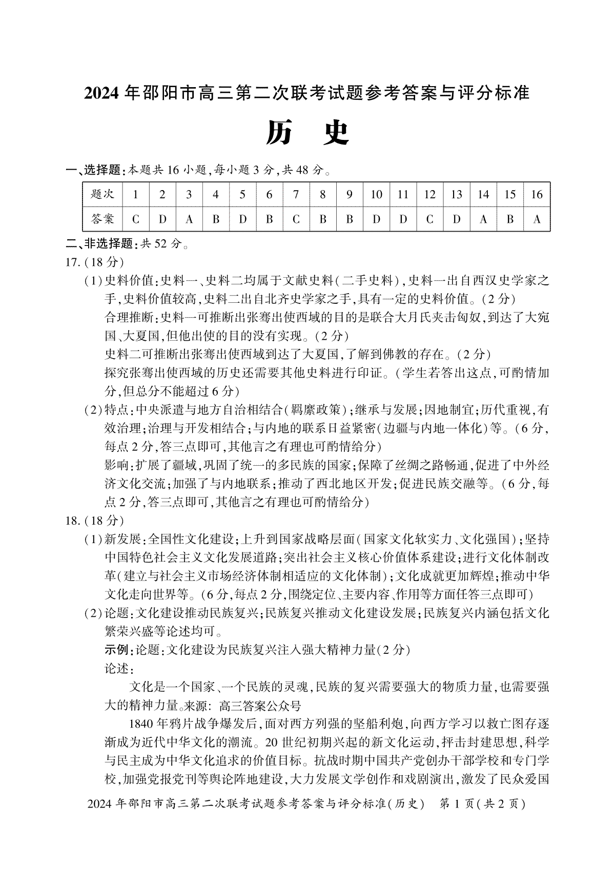 2024届湖南省邵阳市高三二联历史答案