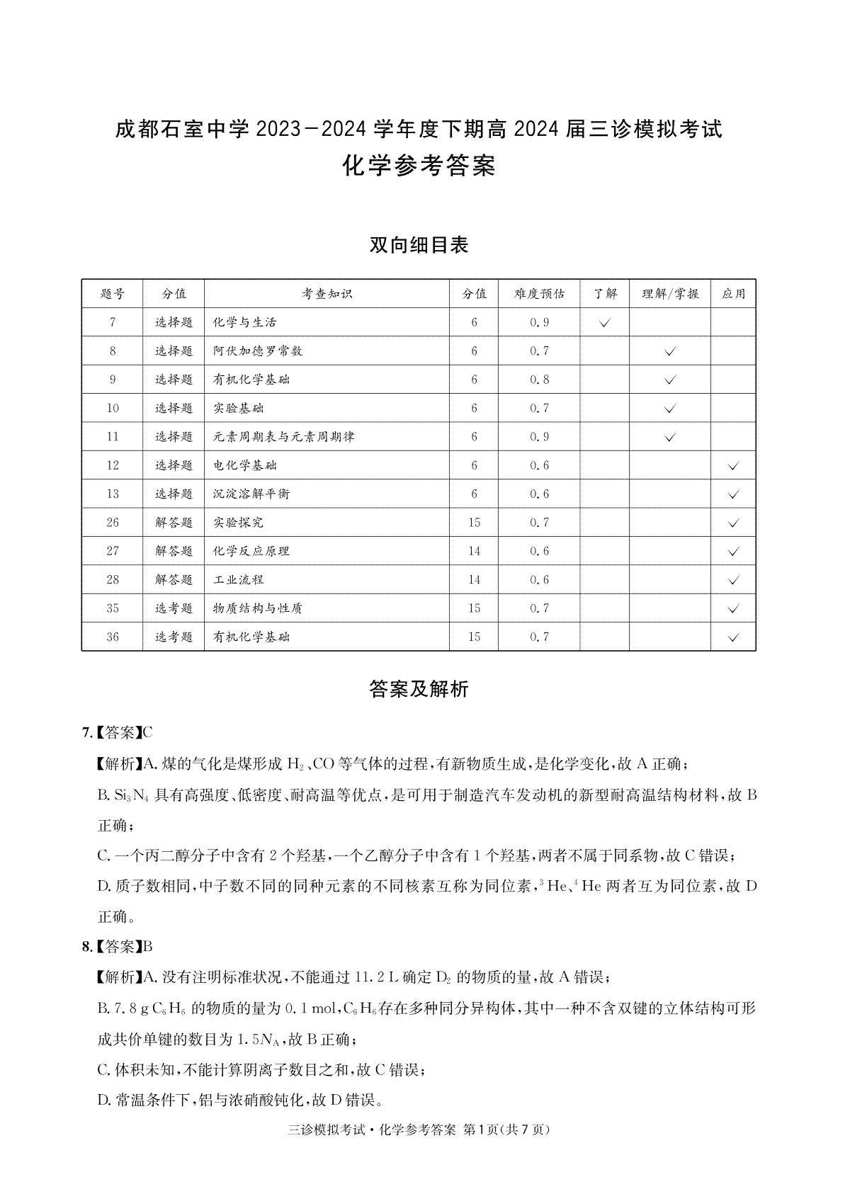 四川省成都市石室中学2023-2024学年高三下学期三诊模拟考试化学参考答案6